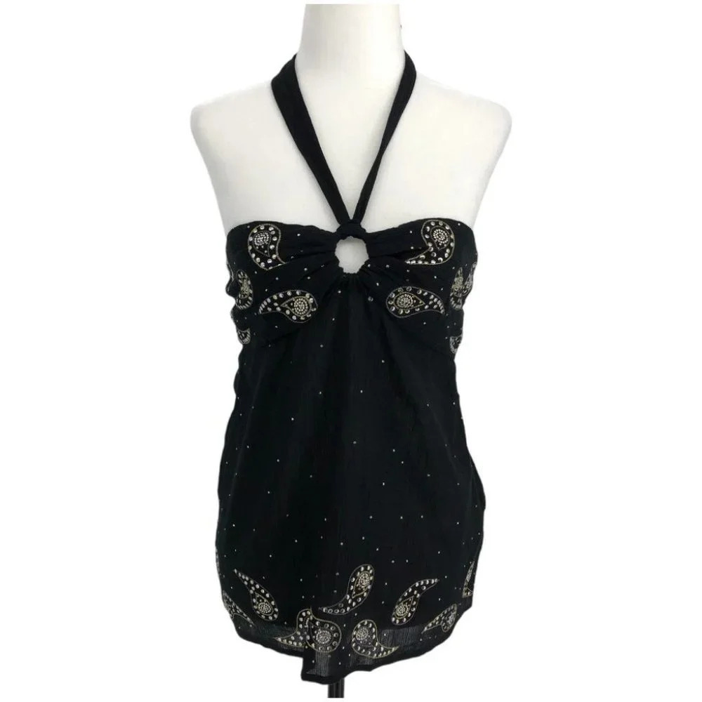 NWT Marciano Black Cotton Halter Top w Gold Studded Paisley Embroidery size L